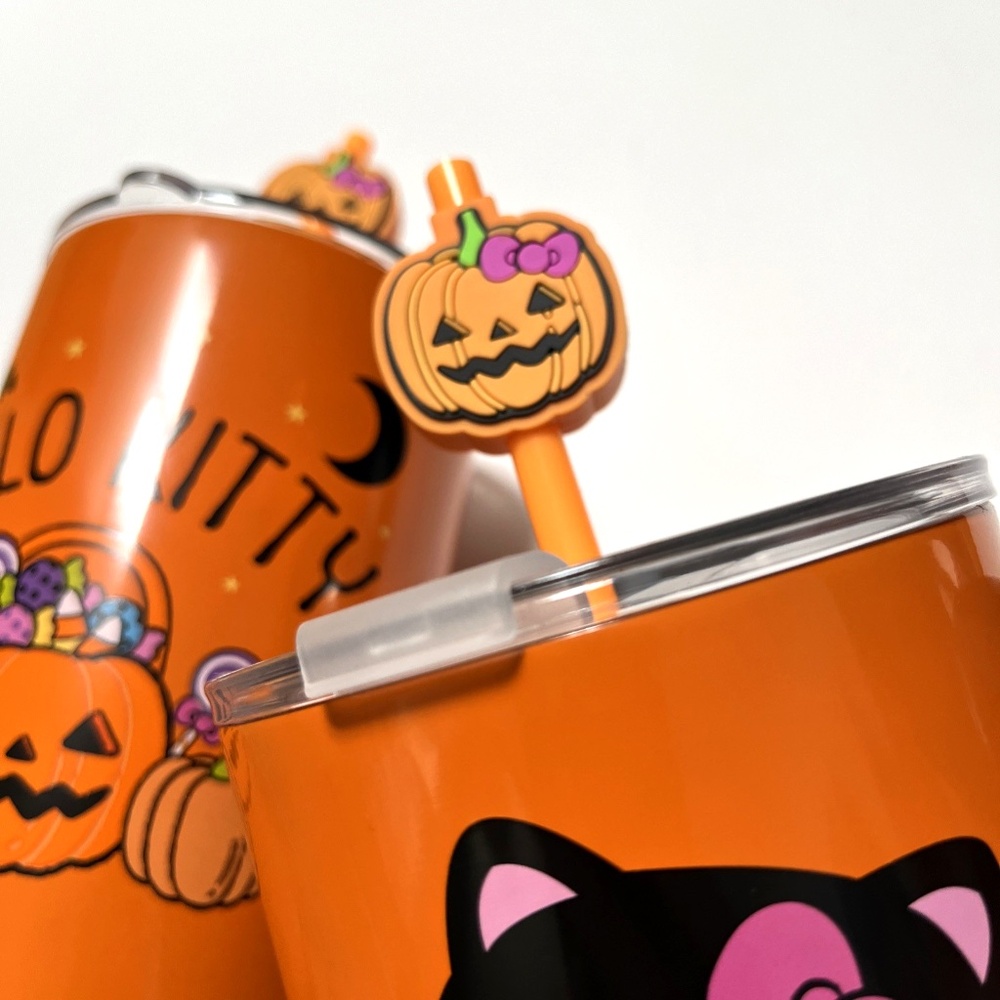 2pc Hello Kitty Halloween 40oz Tumblers Bioworld Pumpkin Straw Topper NEW - Picture 5 of 7